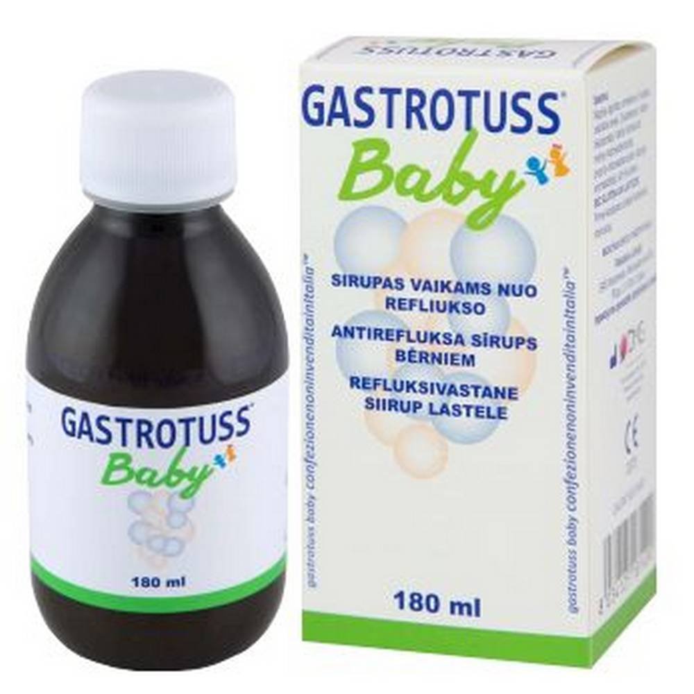 gastrotuss baby anti reflux syrup for children 180ml vitamed GASTROTUSS bébé - sirop anti-reflux enfant est un dispositif médical sous forme de sirop utilisé dans le traitement du reflux gastro-oesophagien et du reflux laryngopharyngé.