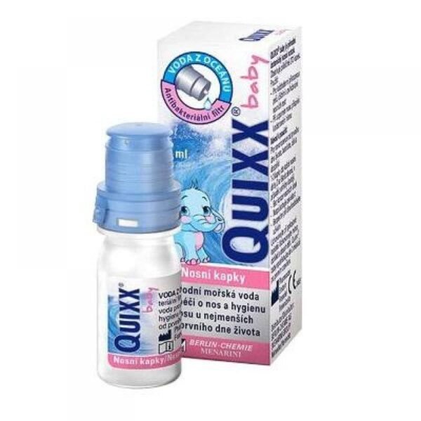 Quixx Baby is a natural, isotonic nasal solution that contains seawater from the Atlantic Ocean. For children from the first day of life. The package contains approx. 270 drops.