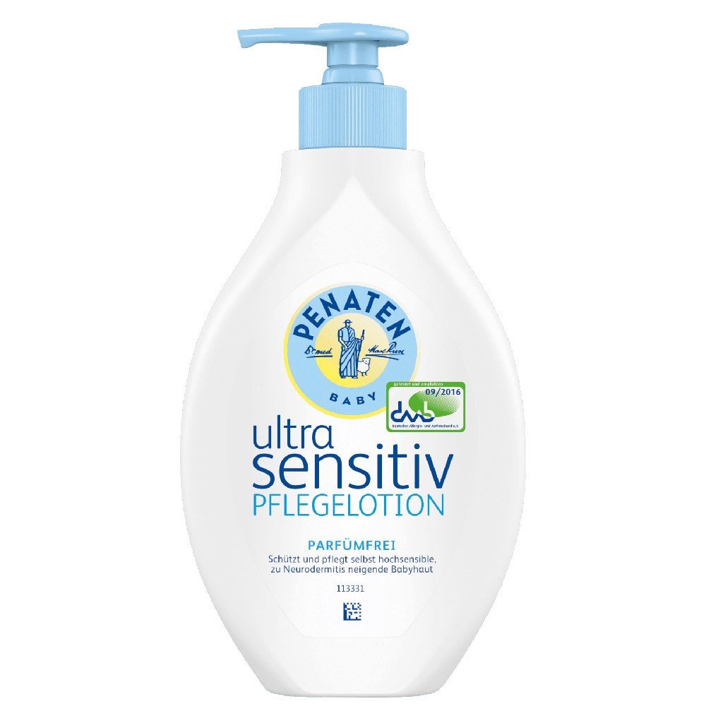 ultra sensitiv body lotion 400ml penaten Lotion Sensitiv apaisante et calmante à la texture crémeuse délicate avec pompes pour peaux sensibles et allergiques.