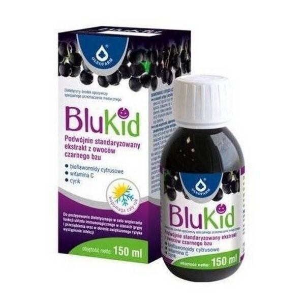 Blu Kid is a unique composition containing double standardized for the content of polyphenols and anthocyanins elderberry extract *, elderberry juice, vitamin C, zinc and citrus bioflavonoids.