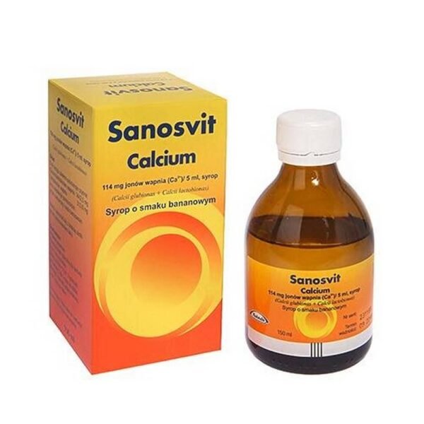 Sanosvit Calcium, in the form of a banana-flavored syrup, containing calcium glucono lactobionate and calcium lactobionate as active substances.