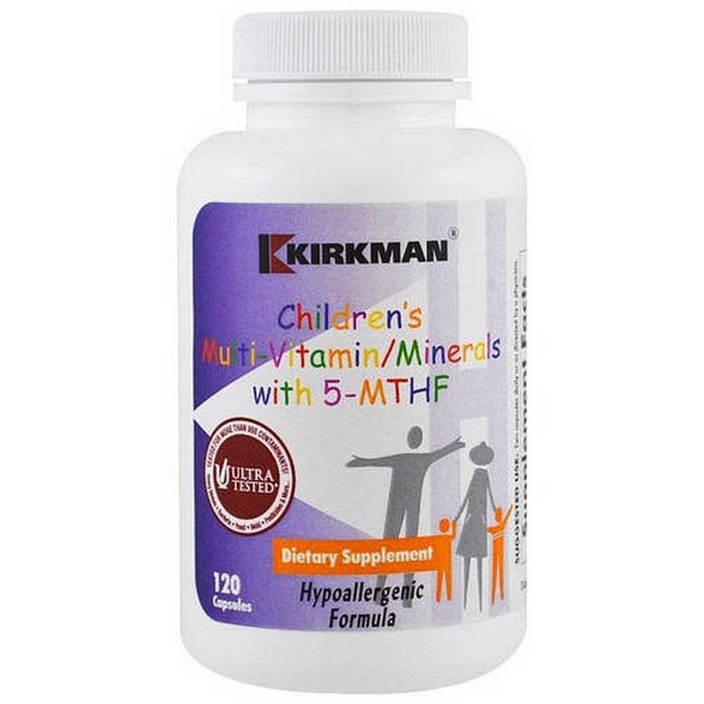 childrens multi vitamin minerals with 5 mthf 120 caps kirkman Complément alimentaire est un ensemble de vitamines et de minéraux pour enfants, contenant des vitamines : A, C, D, E, B1, B2, B6, B12, de l'acide folique sous forme de 5-MTHF (sel de glucosamine de (6S) -5- acide méthyltétrahydrofolique), niacine, acide pantothénique, biotine, minéraux : iode, zinc, sélénium, manganèse, chrome, molybdène et coenzyme Q10.