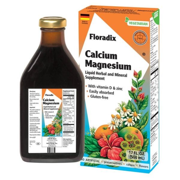 Floradix Calcium and Magnesium is a liquid dietary supplement containing a formula of liquid calcium, magnesium and zinc with vitamin D and herbal extract.