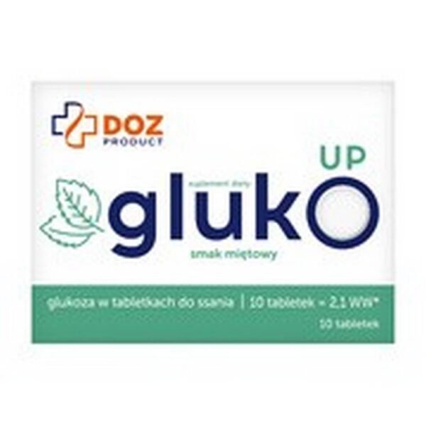 DOZ Product GlukoUp - a dietary supplement containing glucose, vitamin C and peppermint leaf oil. The product is intended for children over 12 years of age and adults.