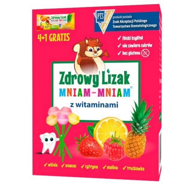 The healthy Mniam-Mniam lollipop contains vitamins C and D. Vitamins D and C help in the proper functioning of the immune system.