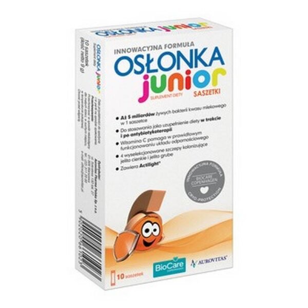 Junior casing is a natural synbiotic intended for children over 3 years of age. Supplementation of Osłonka Junior ingredients is recommended during and after antibiotic therapy.