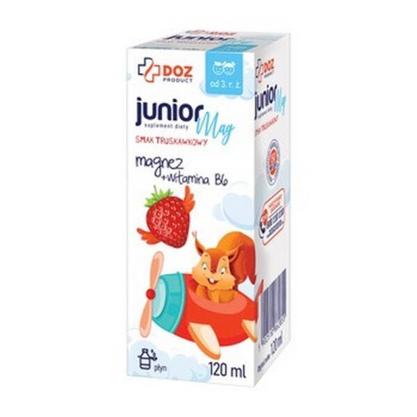 DOZ PRODUCT JuniorMag - a dietary supplement in the form of a liquid that supplements the daily diet with magnesium and vitamin B6. The product is intended for children from 3 years of age and adults.