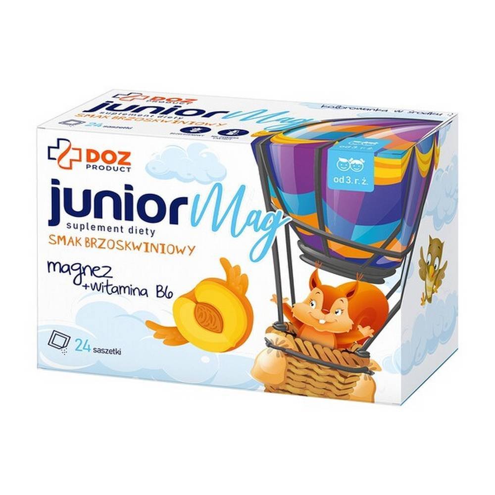 juniormag peach flavor sachets 24 pcs doz DOZ PRODUCT Junior Mag - un complément alimentaire contenant du magnésium et de la vitamine B6. Le produit est destiné aux enfants de plus de 3 ans.