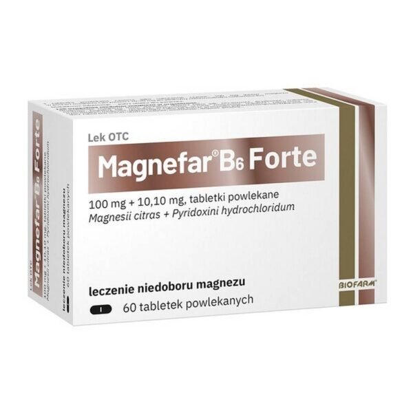 Magnefar B6 Forte is a drug used in the prophylaxis and in the case of magnesium deficiencies, which can manifest itself in, among others: muscle tremors, weariness or slight sleep disturbances.