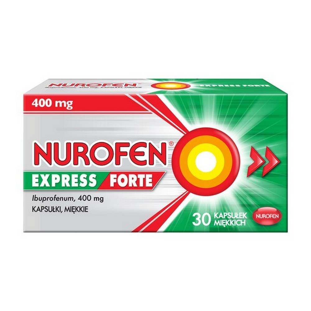 nurofen express forte ibuprofen 400mg 30 capsules pain relievers reckitt benckiser Лекарственное средство предназначено для применения у взрослых, детей и подростков с массой тела более 40 кг (12 лет и старше) для симптоматического лечения легкой и умеренной боли, такой как головная боль, менструальная боль, зубная боль, лихорадка и боль. связанные с простудными заболеваниями.