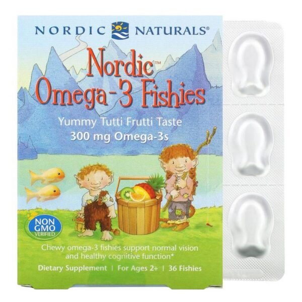 Nordic Fish Omega-3 Fishies gives the youngest members of your home an easy, tasty way to get the daily omega-3 EPA + DHA they need for healthy development. 36 servings in easy-to-open foil packs - perfect for on-the-go convenience! Tasty tutti frutti that kids will love.
