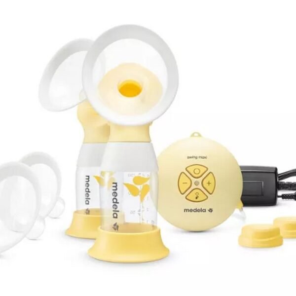 Medela Yellow Electric Breast Pumps. The set includes: breast pump, bottle, bottle stand. Additional information: Dishwasher safe, BPA free, Two-phase