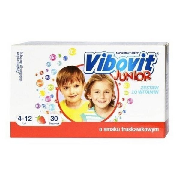 Supplements the diet with vitamins A, C, D, E and B vitamins . Vibovit Junior 30 sachets is an excellent supplement to the diet during the period of strong growth of the child, because the vitamin D contained in the composition allows for the proper development of teeth and bones.