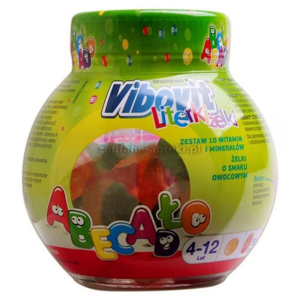 Vibovit Letterki Jellies Dietary supplement containing 11 vitamins and minerals in the form of fruit-flavored gummies for children aged 4-12.