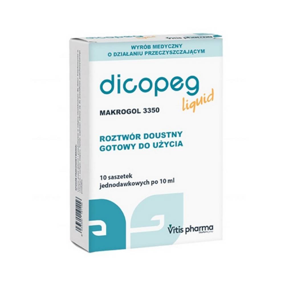dicopeg liquid 10 ml x 10 sachets vitis pharma DICOPEG LIQUID is a medical device for oral use, indicated for the symptomatic treatment of constipation.