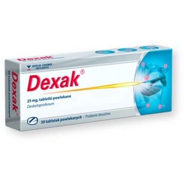 Dexak, 25 mg - lek przeciwbólowy i przeciwzapalny, tabletki powlekane, 30 sztuk.