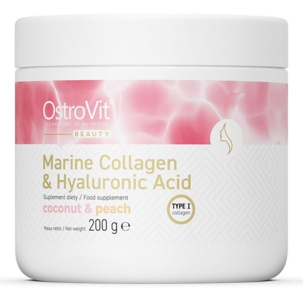 OstroVit Marine Collagen + Hyaluronic Acid + Vitamin C is a complex of three active ingredients in the form of powder to be dissolved in water with a coconut-peach flavor.