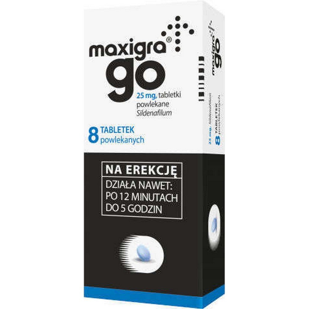 maxigra go 25mg x 8 tablets The drug is dedicated to men who have problems with obtaining or maintaining an erection. The medicinal product Maxigra Go 25mg contains sildenafil - an active substance that helps achieve an erection. The drug is only for men over 18 years of age.