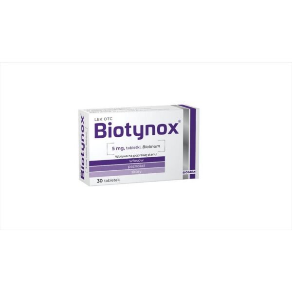 Biotynox is a medicine that contains biotin and is used as an aid in the treatment of, among others, hair loss, hair and nail growth disorders or inflammation of the skin, e.g. around the eyes, nose.