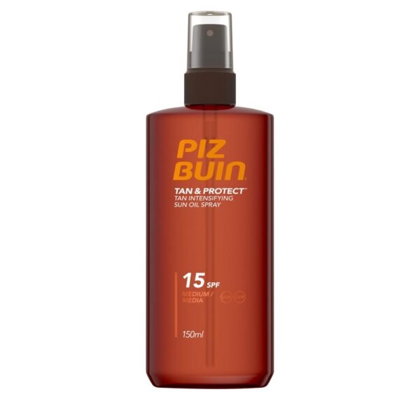 Piz Buin Tan & Protect Tan intensifying Sun Oil Spray with LSF 15 enhances the natural tan and is resistant to sweat and water.