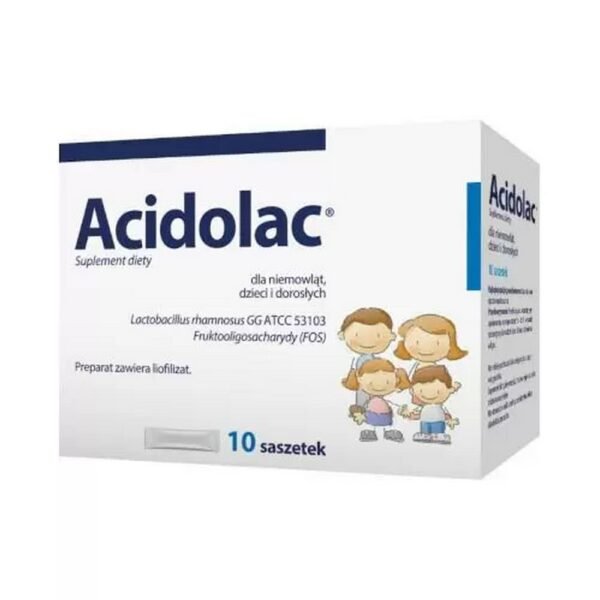 Acidolac - a dietary supplement containing freeze-dried cultures of lactic acid bacteria Lactobacillus rhamnosus GG ATCC 53103 and fructooligosaccharides (FOS).