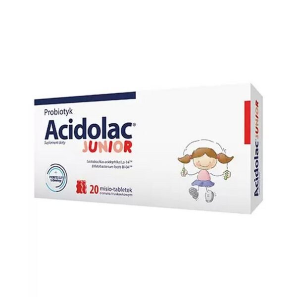 Acidolac Junior - a dietary supplement combining the bacterial strains Lactobacillus acidophilus La-14TM and Bifidobacterium lactis BI-04TM, fructooligosaccharides (FOS) and vitamin B6.