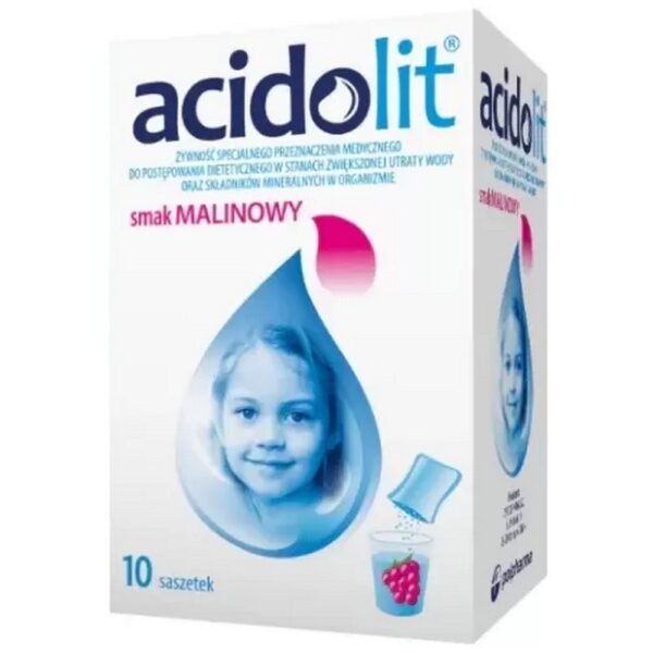 Acidolit raspberry flavor is a food for special medical purposes used to supplement fluids and minerals.