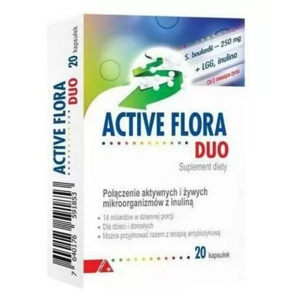 Active Flora Duo - a dietary supplement containing a combination of two strains of probiotic bacteria, Lactobacillus rhamnosus GG ATCC 53103 and Saccharomусеs boulardii DBVPG 6763, and inulin.