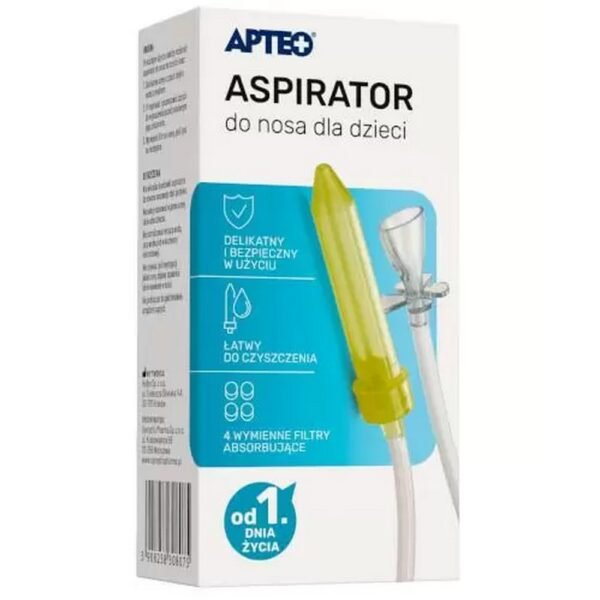 The package contains the APTEO CARE nasal aspirator and 4 replaceable absorbing/hygienic filters.