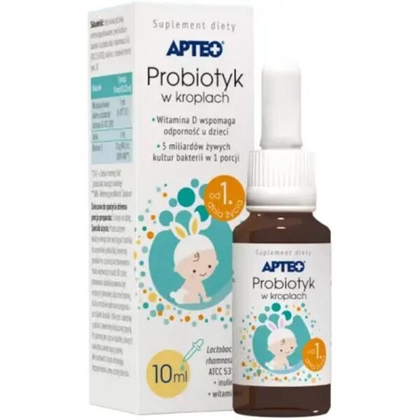 Apteo Probiotic in drops is a dietary supplement for infants from 1 day of age, containing vitamin D and live bacterial cultures.