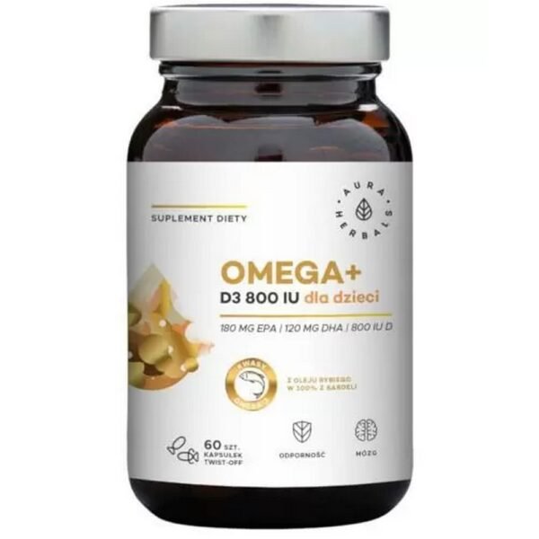Aura Hebrals Omega+ Vitamin D3 800 IU - dietary supplement containing omega-3 fatty acids, including EPA and DHA, enriched with vitamin D.