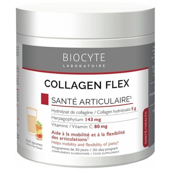 Collagen Flex from Biocyte Laboratories, is a drink to be diluted intended to strengthen cartilage and bones in order to regain ease of joint functioning in athletes or the elderly suffering from osteoarthritis.