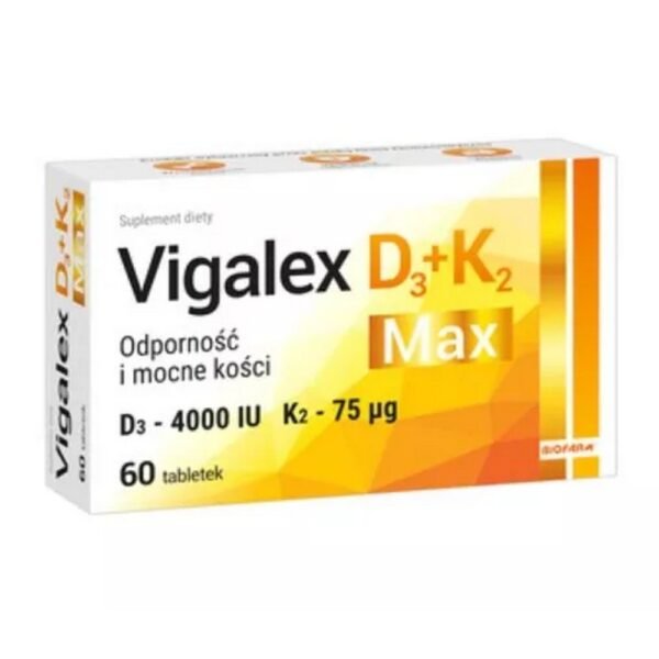 Vigalex D3 + K2 Max is a dietary supplement in the form of tablets with a high content of two important fat-soluble vitamins: vitamin D and vitamin K. Each tablet allows you to supplement the daily diet of adults with 4000 IU of vitamin D and 75 µg of vitamin K2 MK-7.