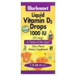 Bluebonnet Nutrition Vitamin D3 Liquid Drops for strong bones and teeth.