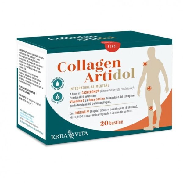 Food supplement in soluble sachets based on hydrolyzed collagen and vitamin C.