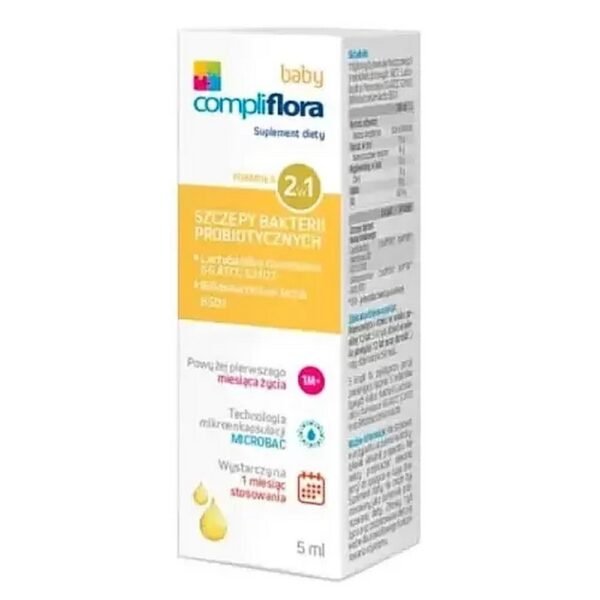 Compliflora baby is a food supplement in the form of a suspension containing live cultures of lactic acid bacteria.