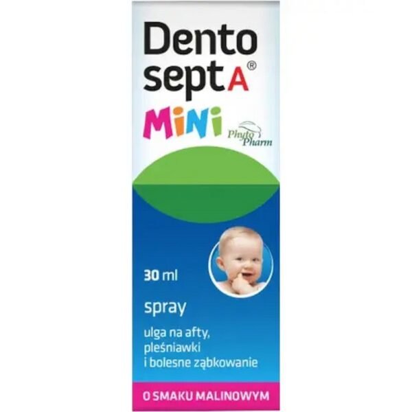 Dentosept A Mini spray relief for canker sores, thrush and painful teething is a raspberry-flavored cosmetic product intended for children.
