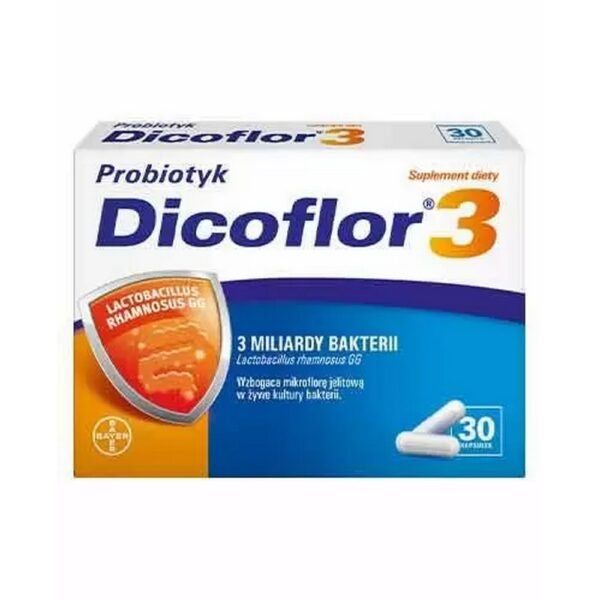 Dicoflor 3® capsules contain freeze-dried live cultures of Lactobacillus rhamnosus GG bacteria, enriching the intestinal microflora.