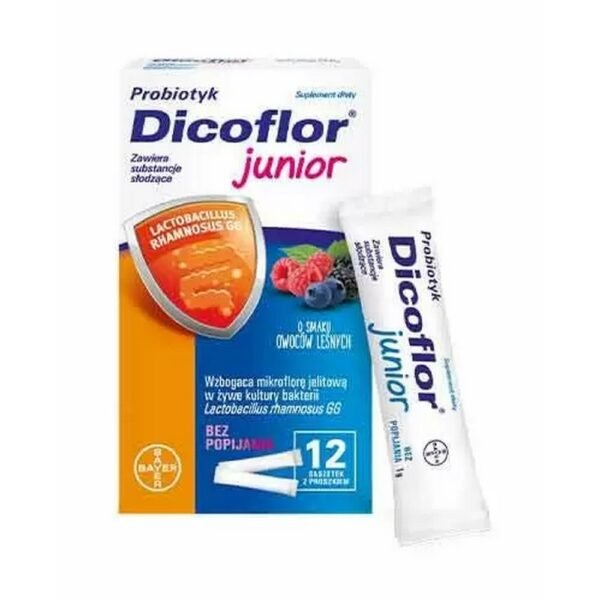 Dicoflor Junior® is a dietary supplement in the form of sachets with forest fruit-flavored powder, containing freeze-dried live cultures of Lactobacillus rhamnosus GG bacteria, which enrich the intestinal microflora.