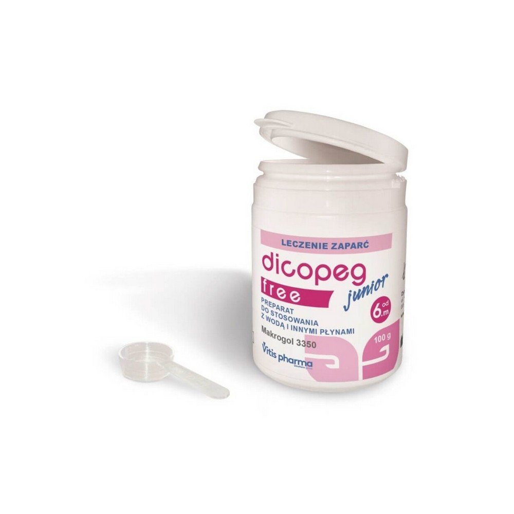 dicopeg junior free from 6 months of age powder 100 g Dicopeg Junior Free is a medical device with an osmotic laxative effect that naturally regulates intestinal function.