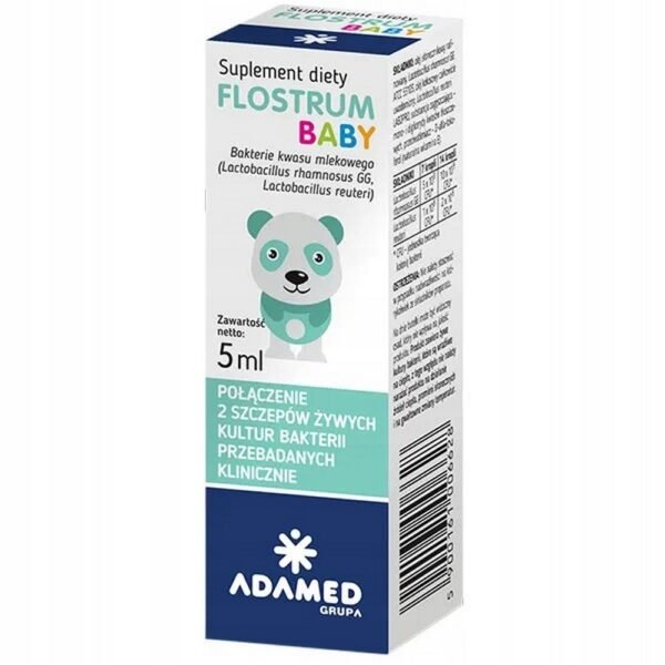 Flostrum Baby is a food supplement containing live cultures of the bacteria Lactobacillus rhamnosus GG and Lactobacillus reuteri. The drug is intended for use in children from the first days of life, adolescents and adults.