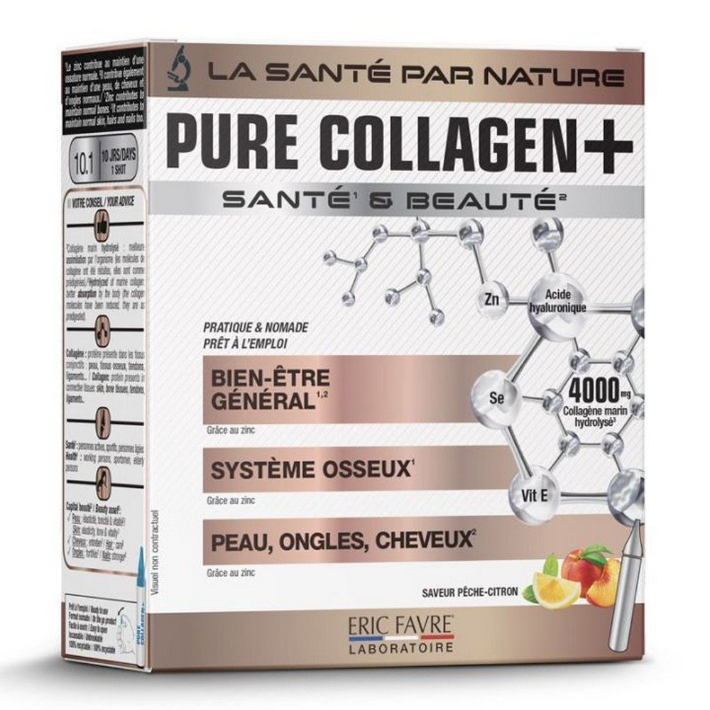 eric_favre_pure_collagen_unidoses_30_capsules Water, marine collagen hydrolyzate (fish), fructose, acidifier: citric acid, peach flavor, lemon flavor, preservatives: potassium sorbate, sodium benzoate, hyaluronic acid, zinc sulfate, vitamin E, selenium yeast, sweetener: sucralose .