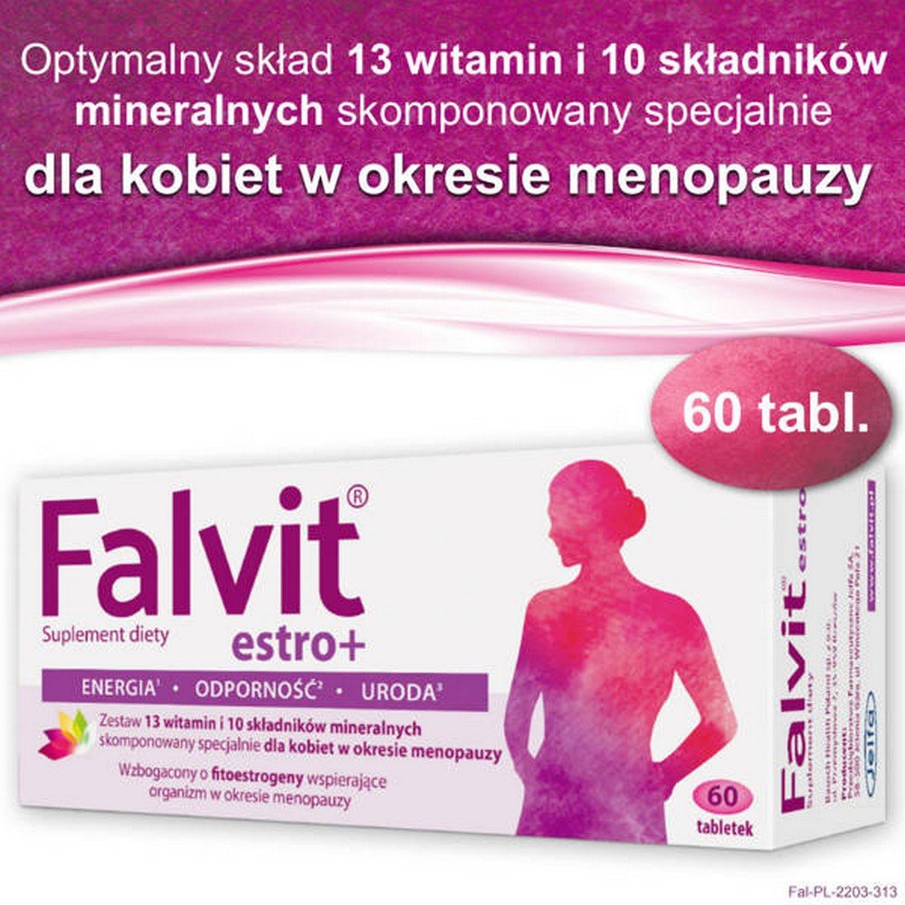 falvit estro 60 tablets Falvit ® estro+ is a dietary supplement created for mature, active women during menopause to take care of their beauty 3 and well-being 1 in this unique period of life.