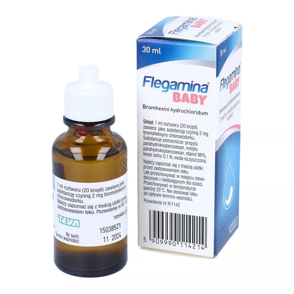 flegamina baby oral drops 2mgml 30ml Phlegamine Baby es un medicamento en forma de gotas que se utiliza para la tos húmeda. El fármaco diluye la secreción acumulada y facilita su descarga.