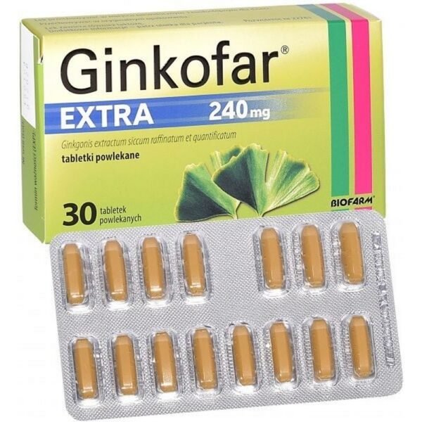 Ginkofar Extra contains a quantitative extract of Ginkgo biloba leaves, which improves blood flow in the brain, dilates blood vessels and prevents platelet aggregation.