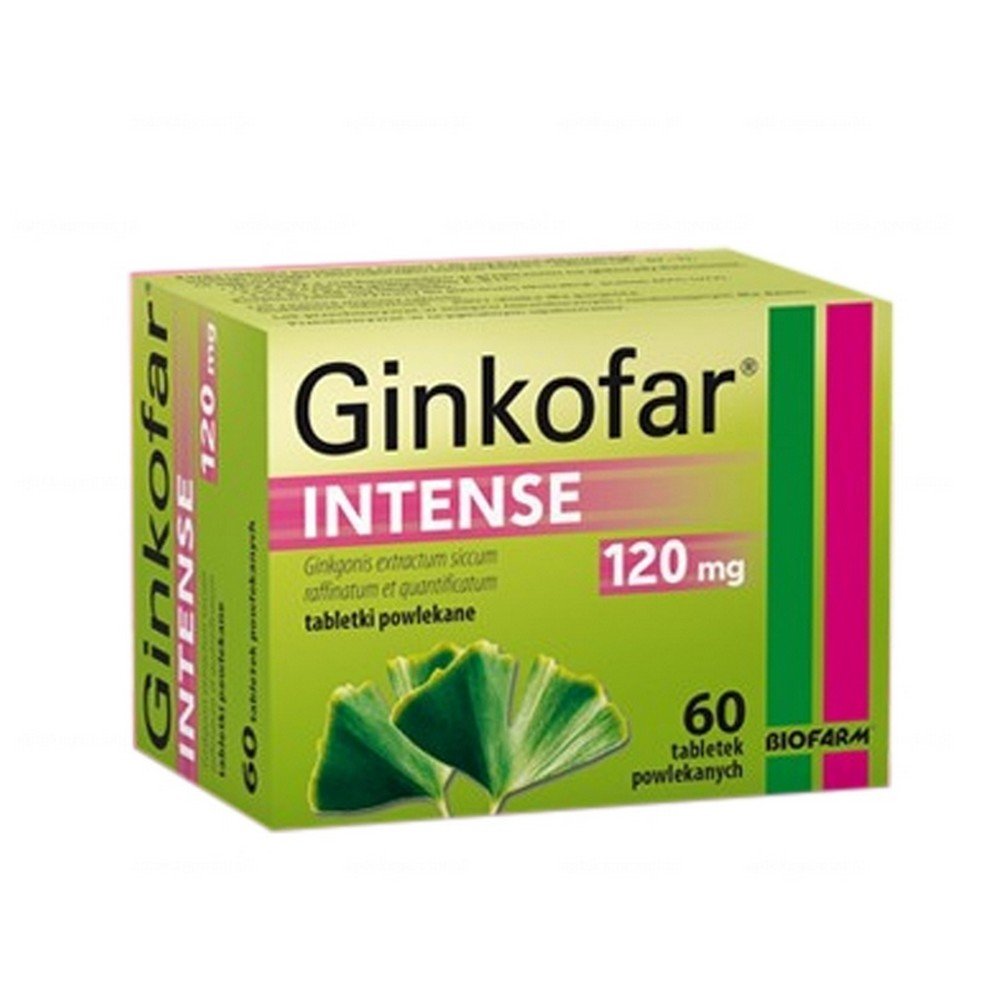 ginkofar intense 60 tablets El extracto cuantitativo de hojas de Ginkgo biloba mejora el flujo sanguíneo en el cerebro, dilata los vasos sanguíneos y previene la agregación plaquetaria.