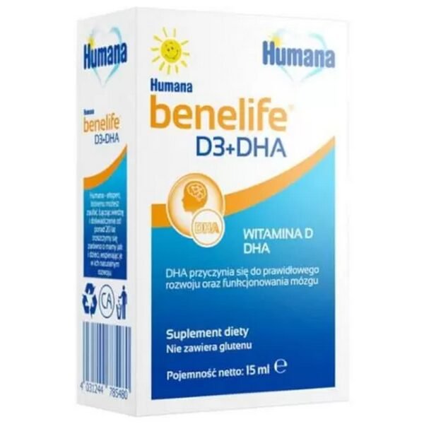 Humana benelife D3+DHA liquid - a dietary supplement containing vitamin D and DHA.