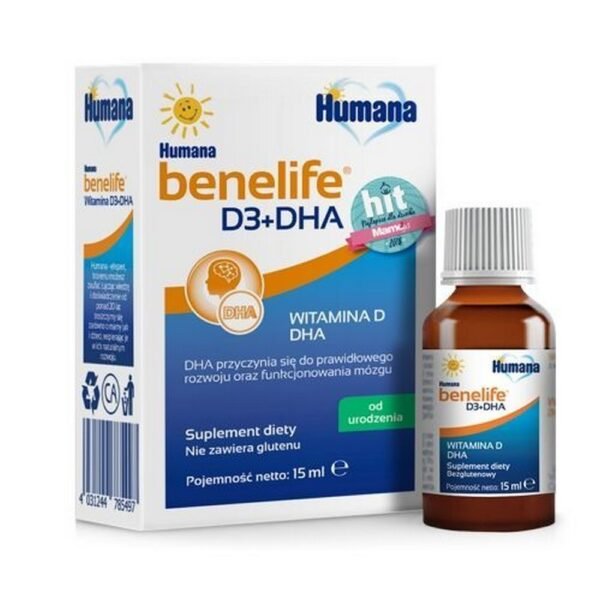 Humana benelife Vitamin D3 + DHA is a dietary supplement consisting of vitamin D3 and DHA acids. Vitamin D3 helps maintain healthy bone formation and contributes to the optimal absorption of calcium and phosphorus in the body. DHA acids contribute to maintaining the proper functioning of the brain.