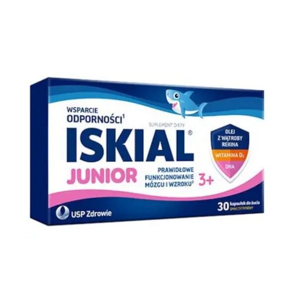 Iskial Junior is a dietary supplement in the form of lemon-flavored chewable capsules, which contains shark liver oil with a high content of vitamin D3 and DHA (Omega-3 acid).