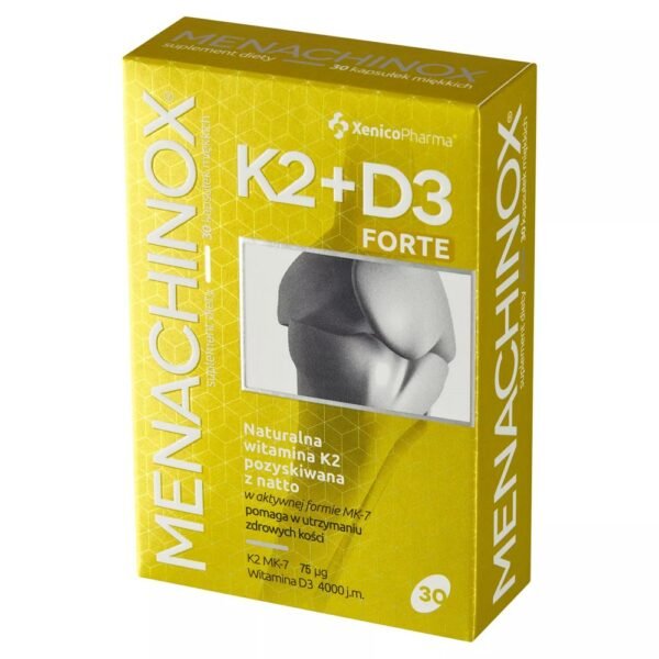 Vitamin K (MK-7) contained in the Menachinox K2 + D3 product was obtained naturally in the biofermentation process using Bacillussubtilis ssp natto bacterial cultures. Vitamin K (MK-7) helps maintain healthy bones. It has been scientifically confirmed that vitamin D helps in: maintaining the proper level of calcium in the blood, proper absorption and use of calcium and phosphorus, proper functioning of muscles and the immune system.